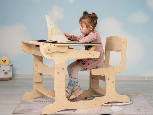 Montessori Kids Study Furniture Set Custom Size Wooden Desk and Chair with Chalk Tabletop
