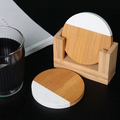 4 Inch Acacia Hexagon Geometric Round Wood And Marble Wooden White Cork Coasters Plate Set
