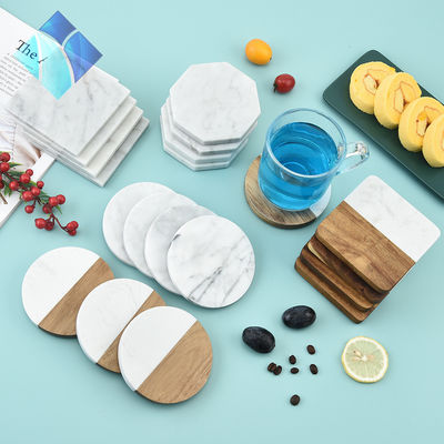 4 Inch Acacia Hexagon Geometric Round Wood And Marble Wooden White Cork Coasters Plate Set