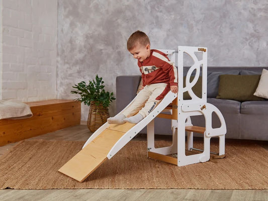 Wooden Kids Kitchen Step Stool Convertible Toddler Tower Table 7 in 1 Seatback and Slide