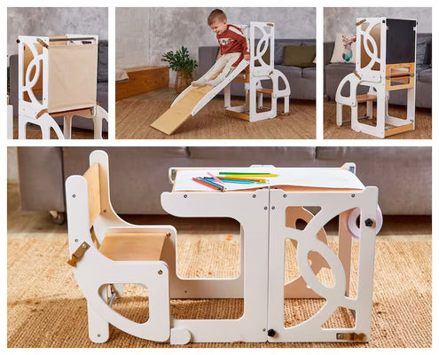 Wooden Kids Kitchen Step Stool Convertible Toddler Tower Table 7 in 1 Seatback and Slide