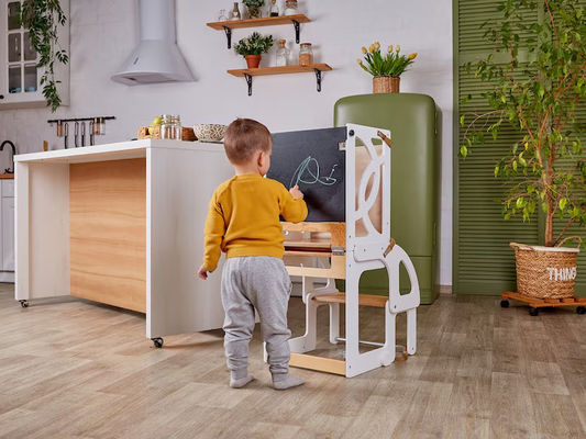 Wooden Kids Kitchen Step Stool Convertible Toddler Tower Table 7 in 1 Seatback and Slide