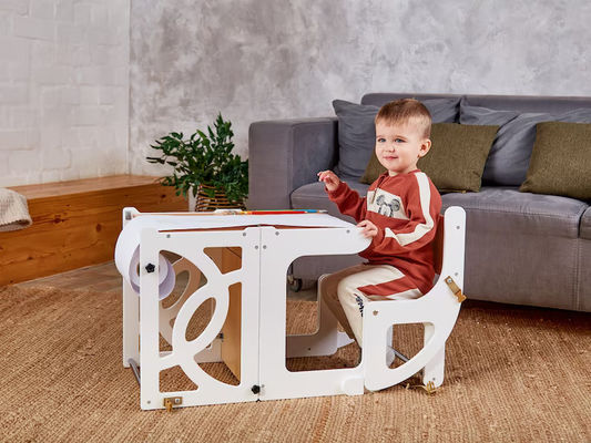Wooden Kids Kitchen Step Stool Convertible Toddler Tower Table 7 in 1 Seatback and Slide