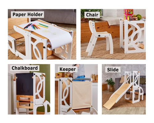Wooden Kids Kitchen Step Stool Convertible Toddler Tower Table 7 in 1 Seatback and Slide