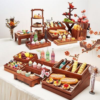 Sapele Wood Buffet Restaurant Tableware Display Rack Catering Food Bread Display Stand
