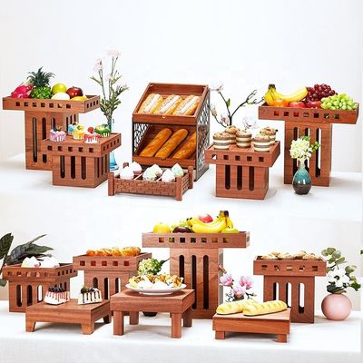 Sapele Wood Buffet Restaurant Tableware Display Rack Catering Food Bread Display Stand