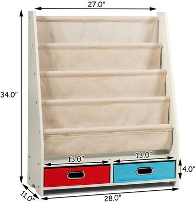 Living Room Furniture Wooden Bookshelf Organizer with 4 Sling Shelves and 2 Pull-Out Toy Storage Boxes