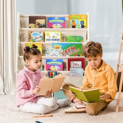 Living Room Furniture Wooden Bookshelf Organizer with 4 Sling Shelves and 2 Pull-Out Toy Storage Boxes