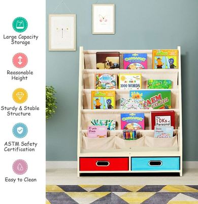 Living Room Furniture Wooden Bookshelf Organizer with 4 Sling Shelves and 2 Pull-Out Toy Storage Boxes