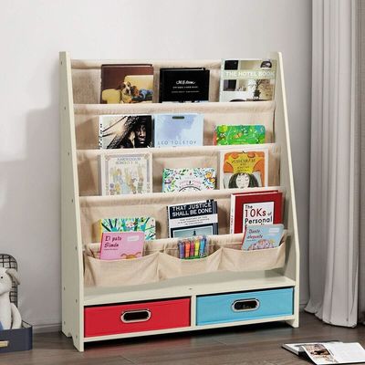 Living Room Furniture Wooden Bookshelf Organizer with 4 Sling Shelves and 2 Pull-Out Toy Storage Boxes