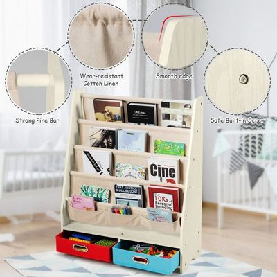 Living Room Furniture Wooden Bookshelf Organizer with 4 Sling Shelves and 2 Pull-Out Toy Storage Boxes