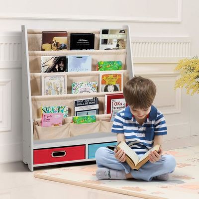 Living Room Furniture Wooden Bookshelf Organizer with 4 Sling Shelves and 2 Pull-Out Toy Storage Boxes