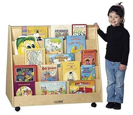 Classroom Bookshelf Kids Storage Cabinet with Stain Color and Double-Sided Mobile Book Display