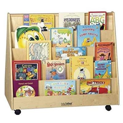 Classroom Bookshelf Kids Storage Cabinet with Stain Color and Double-Sided Mobile Book Display
