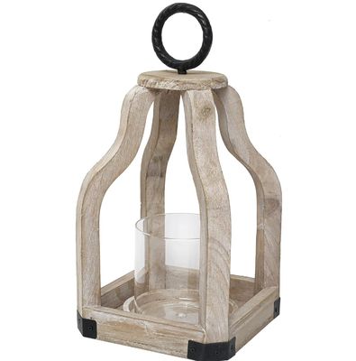 Outdoor Patio Decor Wood Candle Lantern with Glass Candlestick Holder Printing Burned