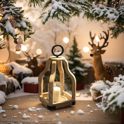 Outdoor Patio Decor Wood Candle Lantern with Glass Candlestick Holder Printing Burned