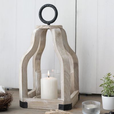 Outdoor Patio Decor Wood Candle Lantern with Glass Candlestick Holder Printing Burned