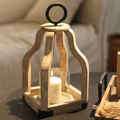 Outdoor Patio Decor Wood Candle Lantern with Glass Candlestick Holder Printing Burned