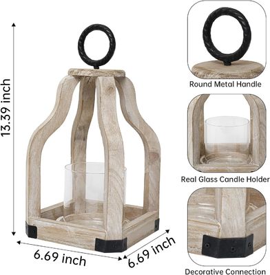Outdoor Patio Decor Wood Candle Lantern with Glass Candlestick Holder Printing Burned