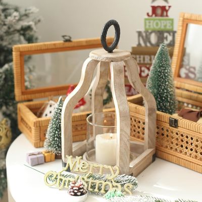 Outdoor Patio Decor Wood Candle Lantern with Glass Candlestick Holder Printing Burned
