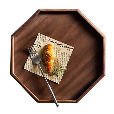 Octagon Round Shape Acacia Walnut Wood Serving Tray 30x20x3cm with Burned Printing