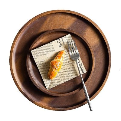 Octagon Round Shape Acacia Walnut Wood Serving Tray 30x20x3cm with Burned Printing