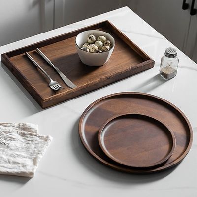 Octagon Round Shape Acacia Walnut Wood Serving Tray 30x20x3cm with Burned Printing