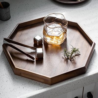 Octagon Round Shape Acacia Walnut Wood Serving Tray 30x20x3cm with Burned Printing