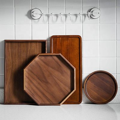 Octagon Round Shape Acacia Walnut Wood Serving Tray 30x20x3cm with Burned Printing