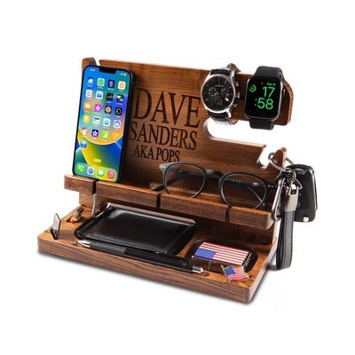 Silk-screen Printed Wooden Docking Station for Men's Phone Wallet and Key Ideal Organizer