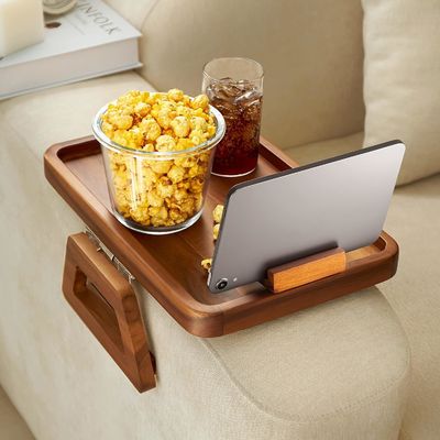 360 Rotating Arm Table for Acacia Wood Sofa Armrest Tray on Wooden Side Tables