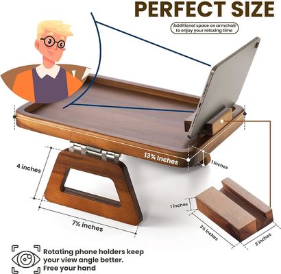 360 Rotating Arm Table for Acacia Wood Sofa Armrest Tray on Wooden Side Tables
