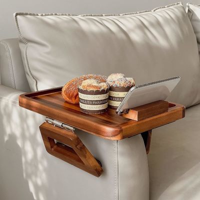 360 Rotating Arm Table for Acacia Wood Sofa Armrest Tray on Wooden Side Tables