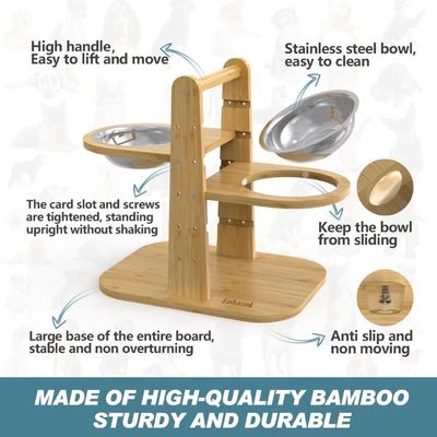 Pet Food Bowl Stand Bamboo Elevated Feeder Stand for Adjustable Height NO LCD Display
