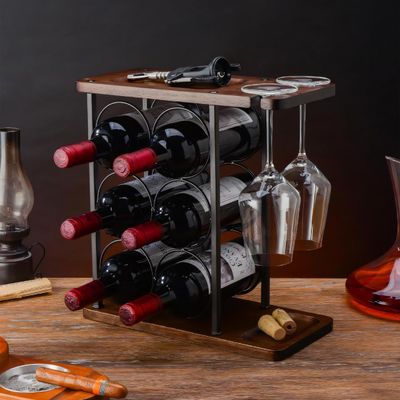 Standing Type Countertop Wine Holder Stand with Wooden Tray and Organization