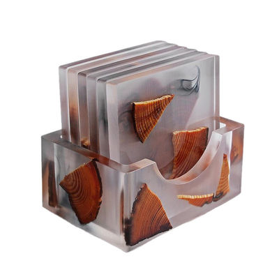 Wood Plain Color Coasters Set with Custom Engraving and Blue Epoxy Resin Holder