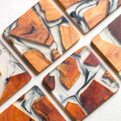 Wood Plain Color Coasters Set with Custom Engraving and Blue Epoxy Resin Holder