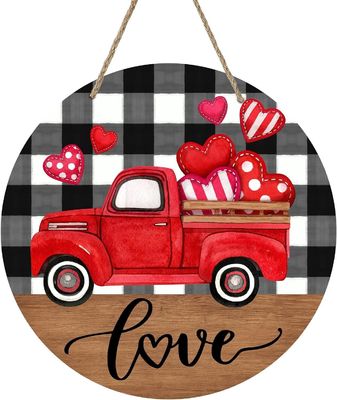 Add Love to Your Home Farmhouse Red Truck Hearts Wood Door Hanger for Valentine's Day