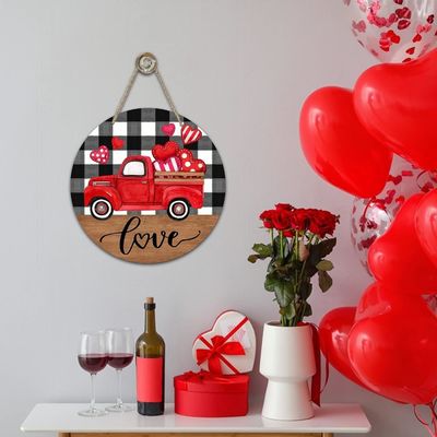 Add Love to Your Home Farmhouse Red Truck Hearts Wood Door Hanger for Valentine's Day
