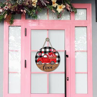 Add Love to Your Home Farmhouse Red Truck Hearts Wood Door Hanger for Valentine's Day
