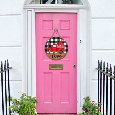 Add Love to Your Home Farmhouse Red Truck Hearts Wood Door Hanger for Valentine's Day