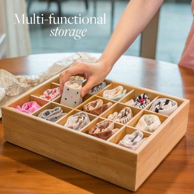 15 Compartment Bamboo Storage Organizer for Belts Ties Bras Briefs Socks Jewelry