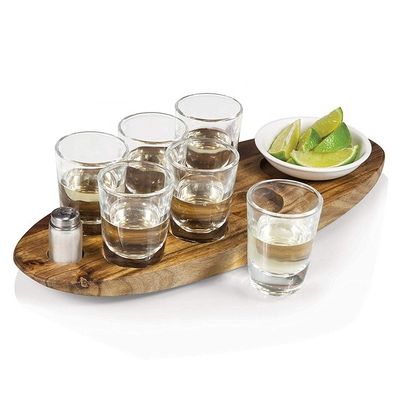 Wooden Plain Color Acacia Wood Cup Holder Shot Glass Cups Serving Tray with Printing