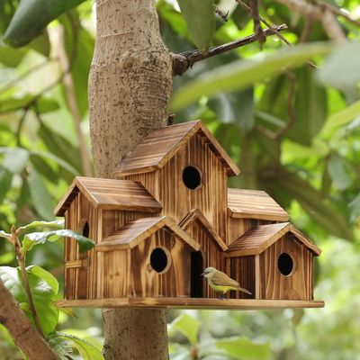 Push-up Closure 6 Hole Handmade Natural Wooden Bird House for Hanging Outdoors Spot