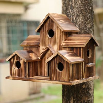Push-up Closure 6 Hole Handmade Natural Wooden Bird House for Hanging Outdoors Spot