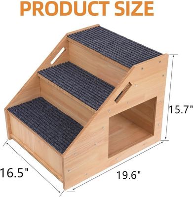 Solid Pattern 3-Tier Wooden Dog Stairs with Non-Slip Steps and Cat House Button Closure