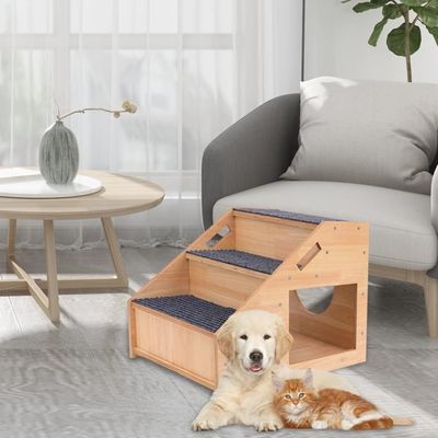 Solid Pattern 3-Tier Wooden Dog Stairs with Non-Slip Steps and Cat House Button Closure