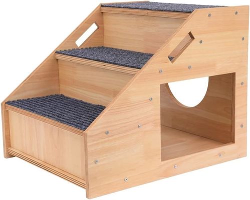 Solid Pattern 3-Tier Wooden Dog Stairs with Non-Slip Steps and Cat House Button Closure