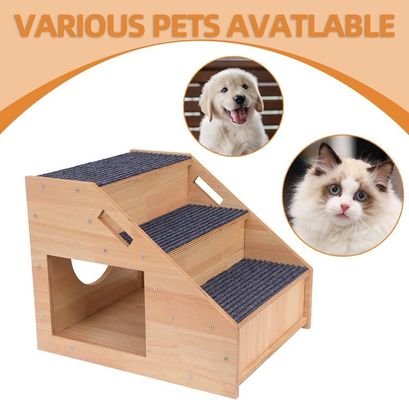 Solid Pattern 3-Tier Wooden Dog Stairs with Non-Slip Steps and Cat House Button Closure