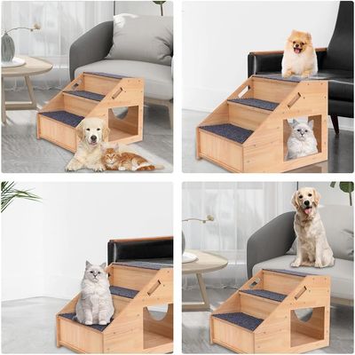Solid Pattern 3-Tier Wooden Dog Stairs with Non-Slip Steps and Cat House Button Closure